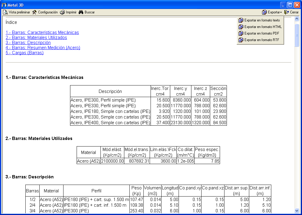 Metal 3D. Exportacin de listados a formatos TXT, HTML, PDF y RTF, y vista preliminar